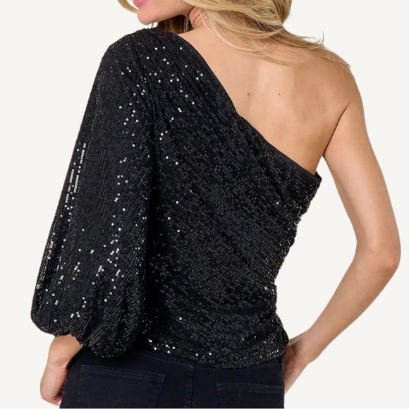 Black One Shoulder Sequin Bell Sleeve Blouse - Picture 2 of 4